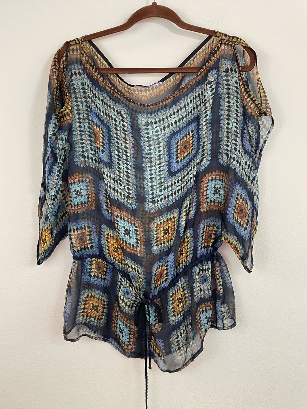 Language Silk Faux Crochet Print Sheer Drawstring Tunic Top Size Medium